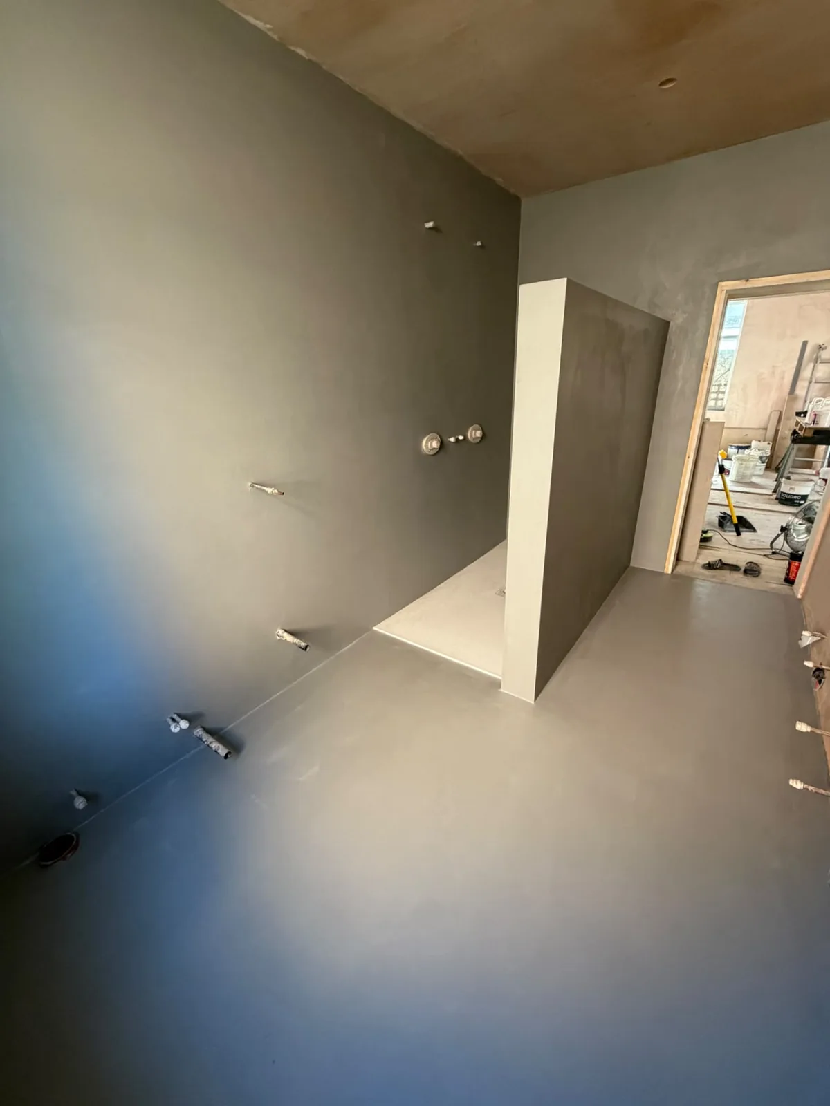 Grey microcement bathroom walls and floor with a walk-in shower screen