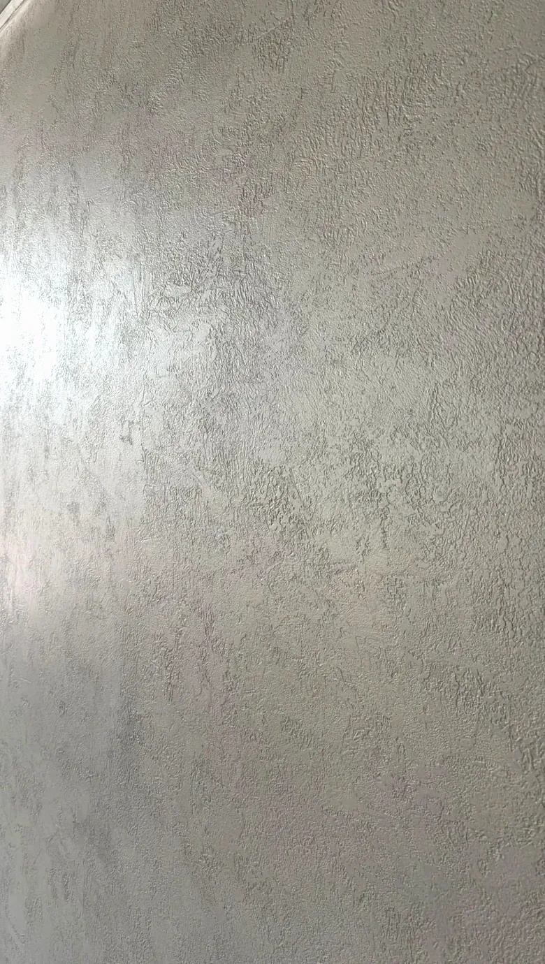 Textured grey microcement wall running the length of a room beside a doorway