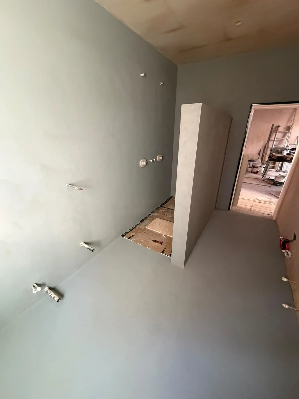 Grey microcement bathroom with a shower partition and seamless floor